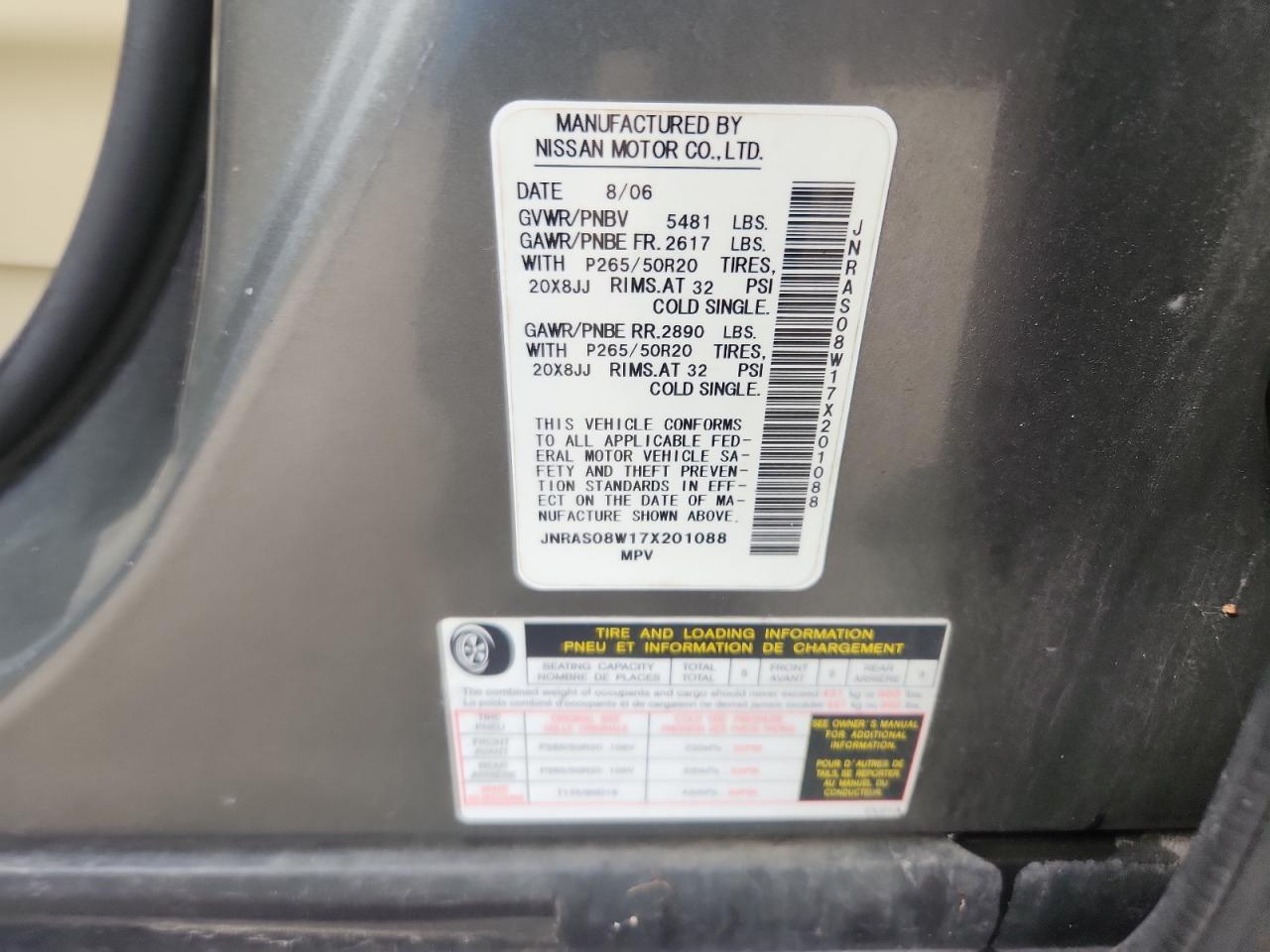 2007 Infiniti Fx35 VIN: JNRAS08W17X201088 Lot: 90023035