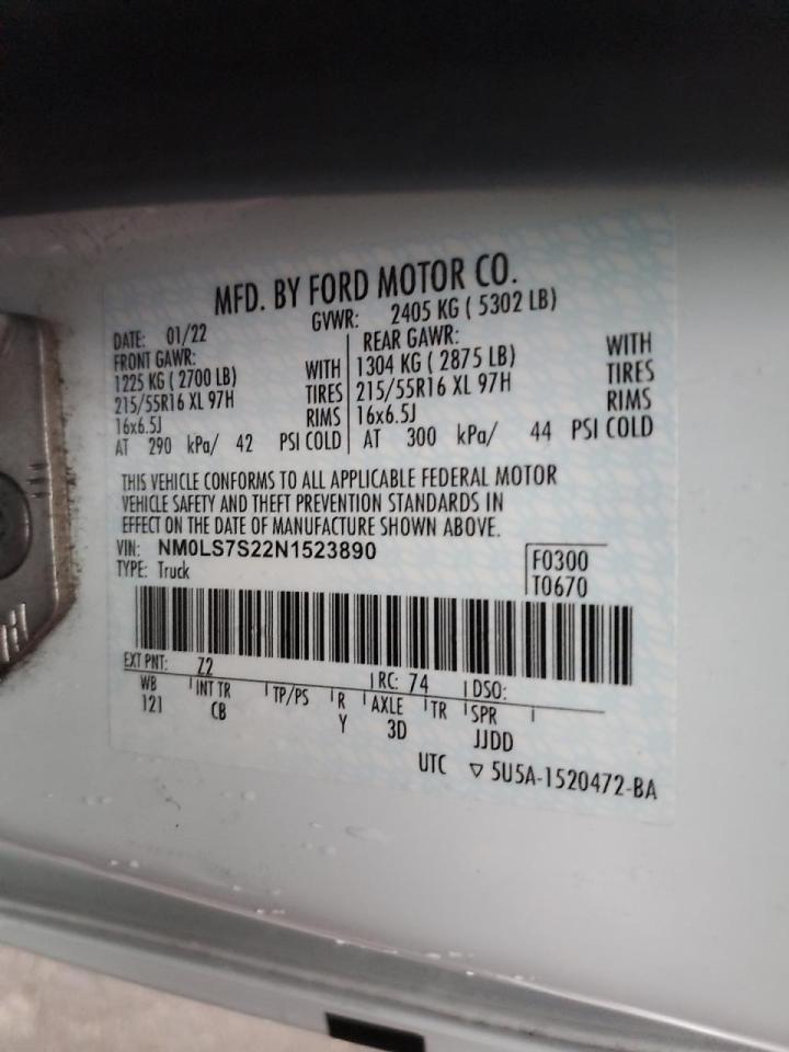 2022 Ford Transit Co Utility / Service Van VIN: NM0LS7S22N1523890 Lot: 91056925