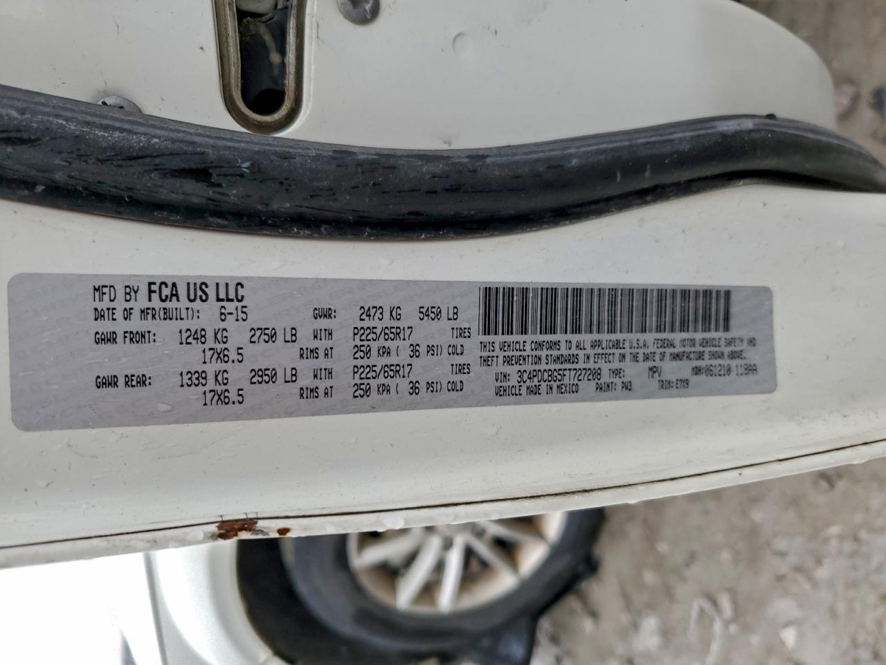 2015 Dodge Journey Sxt VIN: 3C4PDCBG5FT727208 Lot: 93917665