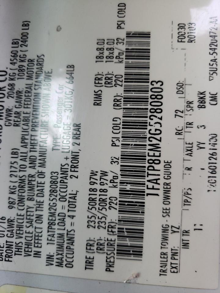 2016 Ford Mustang VIN: 280803 Lot: 91721815