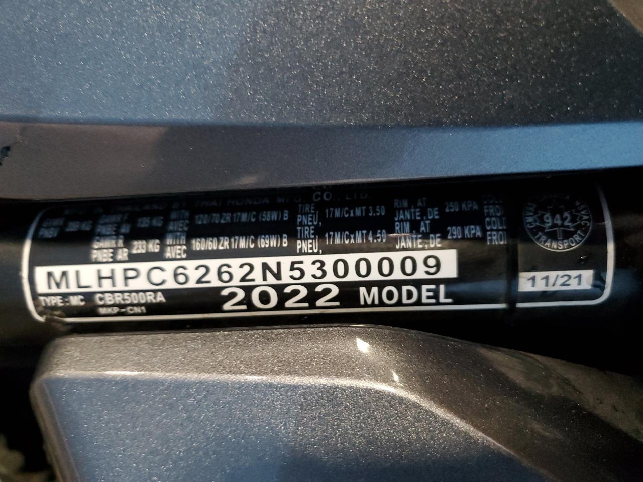 2022 Honda Cbr500 Ra VIN: MLHPC6262N5300009 Lot: 92177995