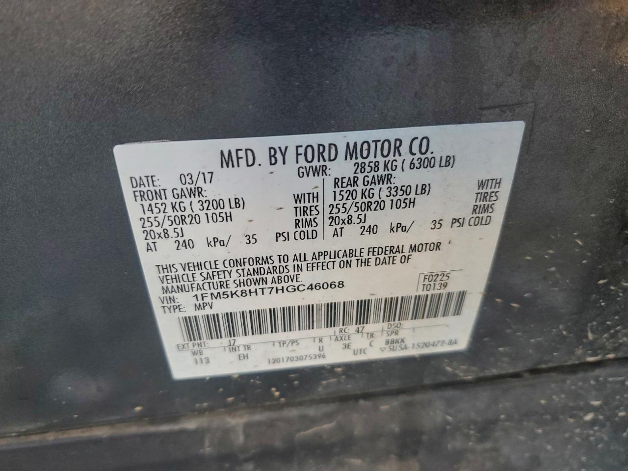 2017 Ford Explorer Platinum VIN: 1FM5K8HT7HGC46068 Lot: 93461815