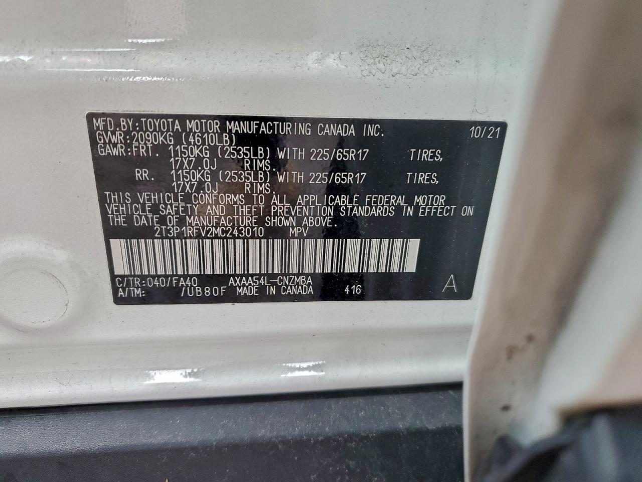 2021 Toyota Rav4 Xle VIN: 2T3P1RFV2MC243010 Lot: 94551575