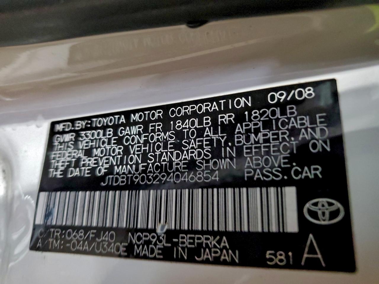 2009 Toyota Yaris VIN: JTDBT903294046854 Lot: 94637025