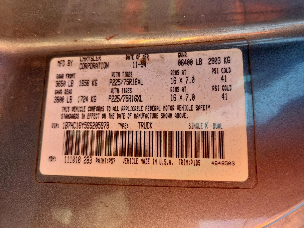 1995 Dodge Ram 1500 VIN: 1B7HC16Y5SS205978 Lot: 91610455