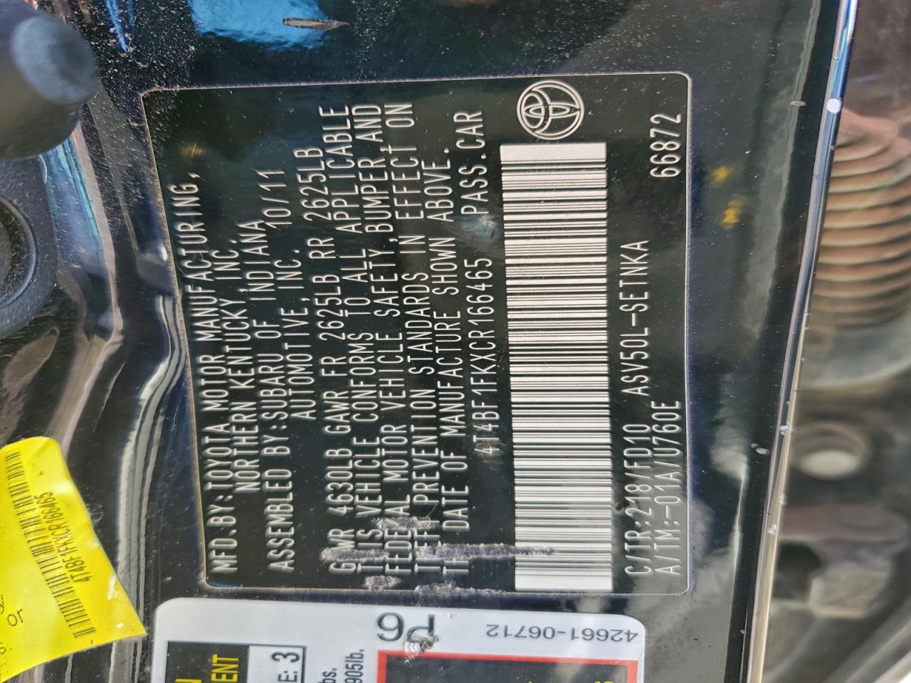 2012 Toyota Camry Base VIN: 4T4BF1FKXCR166465 Lot: 94211305