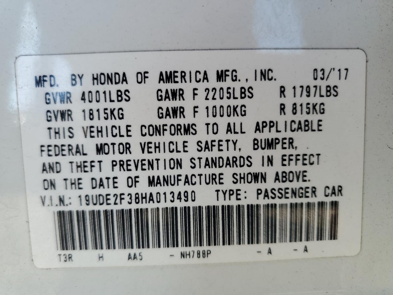 2017 Acura Ilx Base Watch Plus VIN: 19UDE2F38HA013490 Lot: 93074475