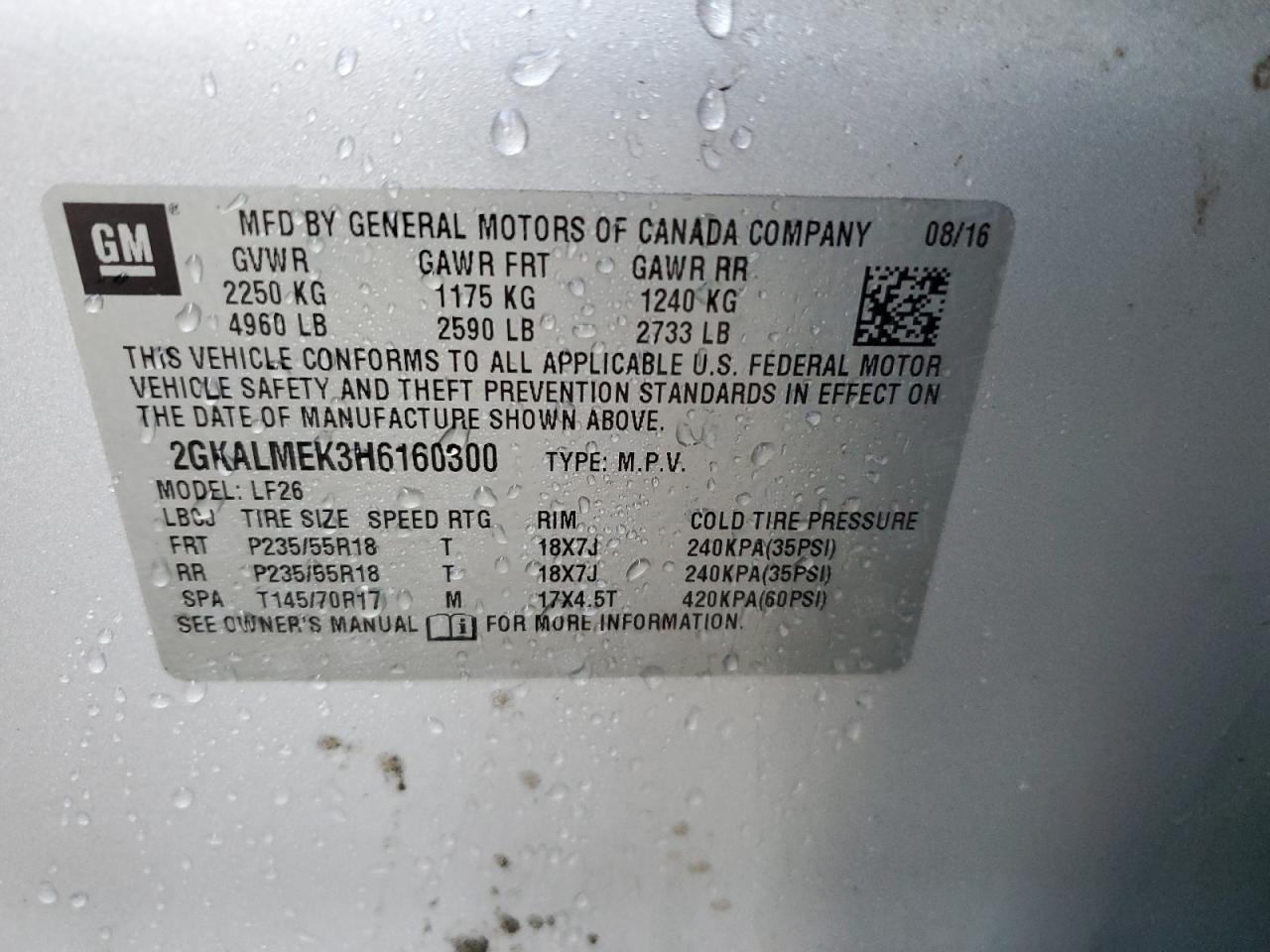 2017 GMC Terrain Sle VIN: 2GKALMEK3H6160300 Lot: 91628505