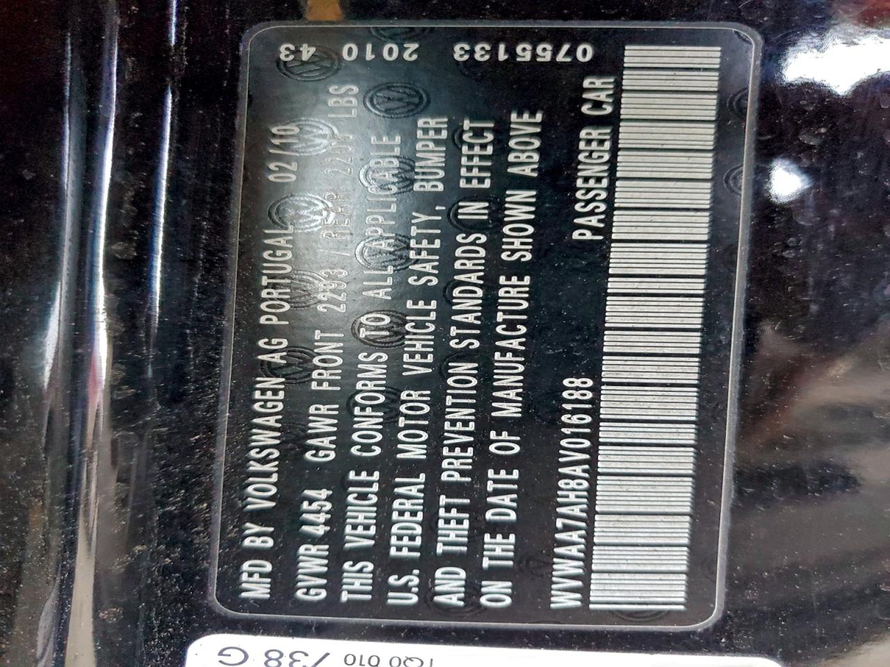 2010 Volkswagen Eos Turbo VIN: WVWAA7AH8AV016188 Lot: 94525235