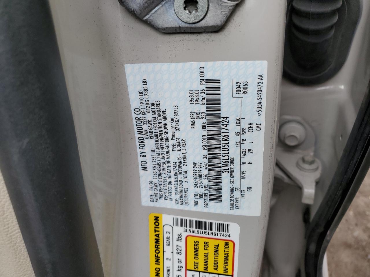 2020 Lincoln Mkz Reserve VIN: 3LN6L5LU5LR617424 Lot: 91420815