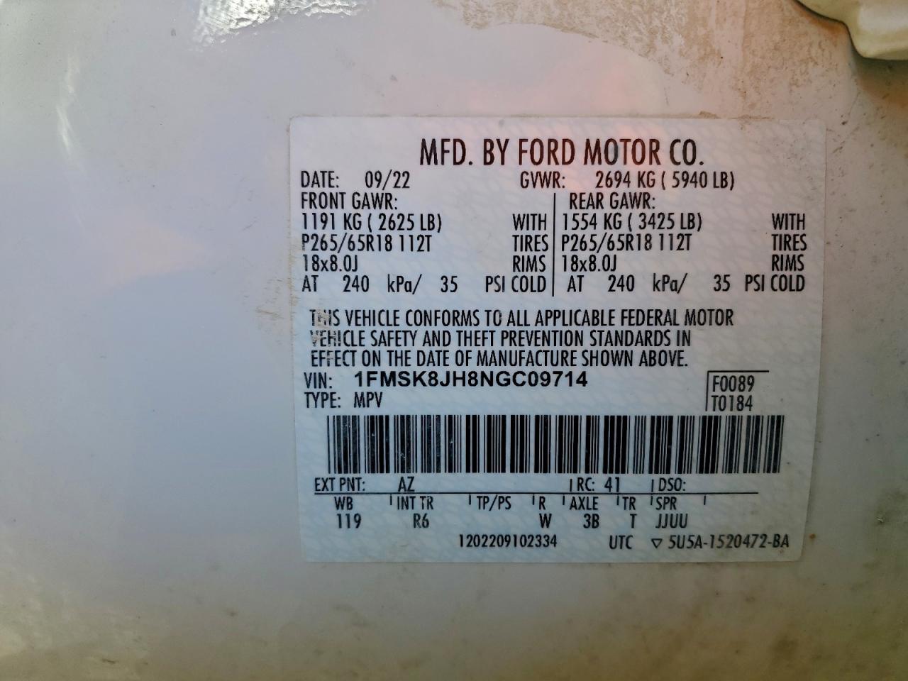 2022 Ford Explorer Timberline VIN: 1FMSK8JH8NGC09714 Lot: 94067755