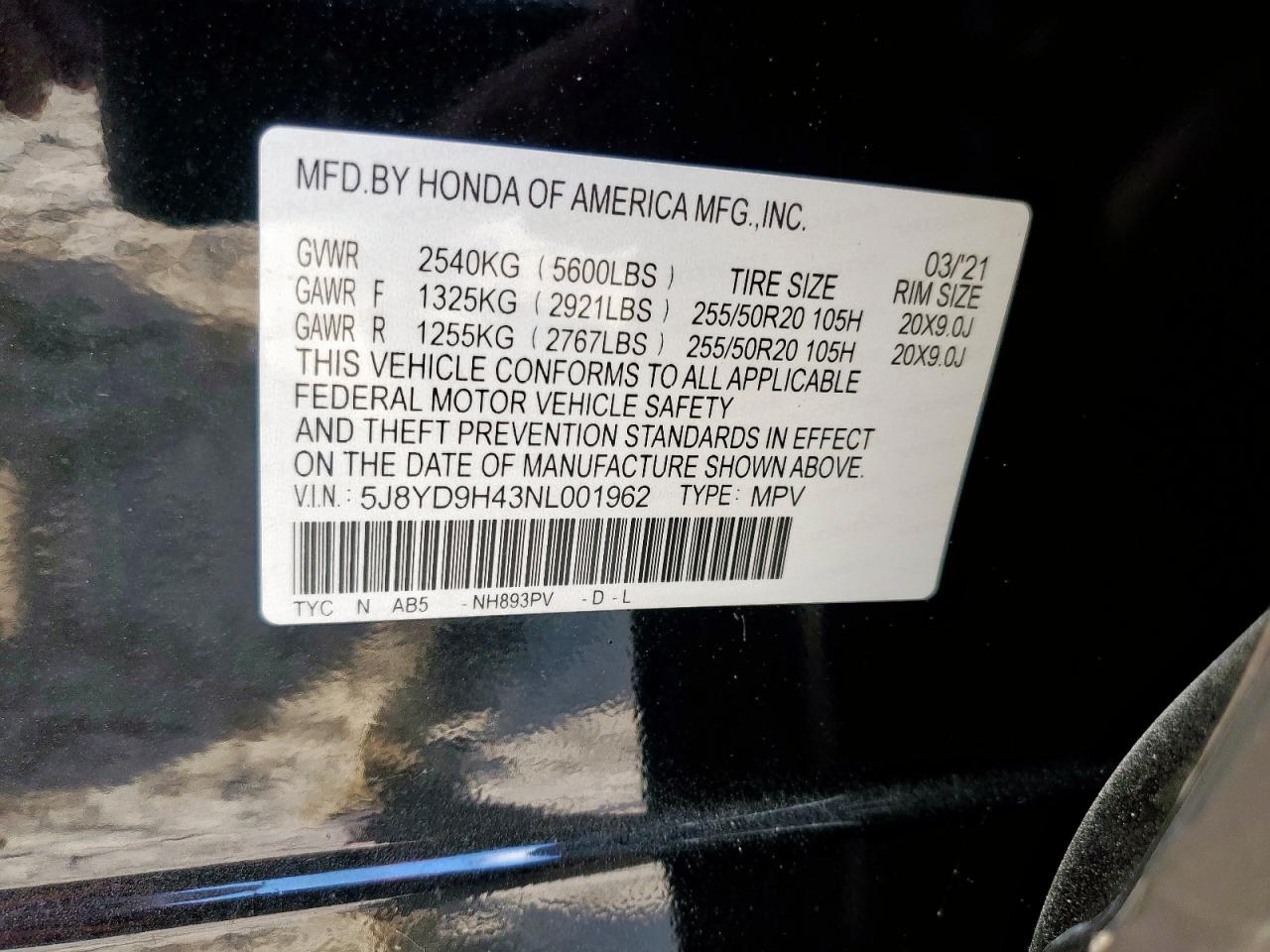 2022 Acura Mdx Technology VIN: 5J8YD9H43NL001962 Lot: 93135995