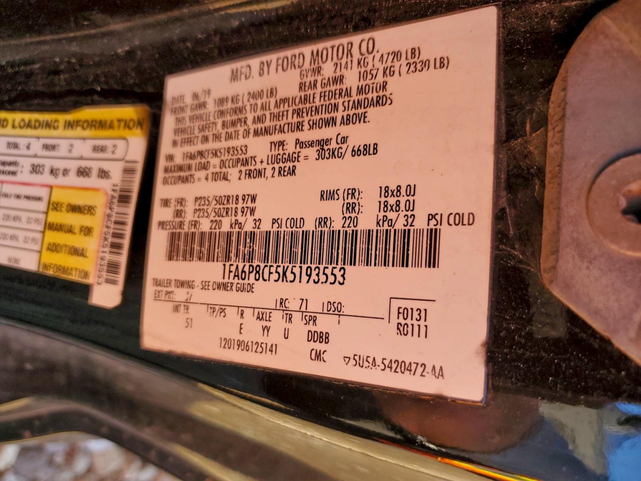 2019 Ford Mustang Gt VIN: 1FA6P8CF5K5193553 Lot: 94088305