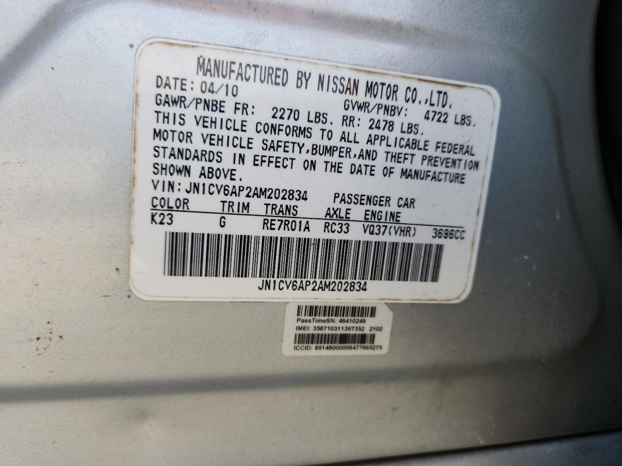 2010 Infiniti G37 Base VIN: JN1CV6AP2AM202834 Lot: 93600625