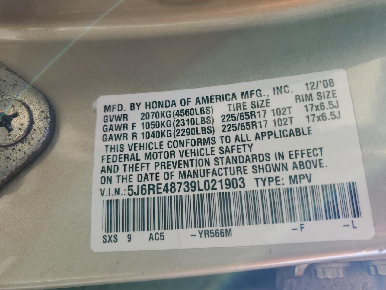 2009 Honda Cr-V Exl VIN: 5J6RE48739L021903 Lot: 91351355