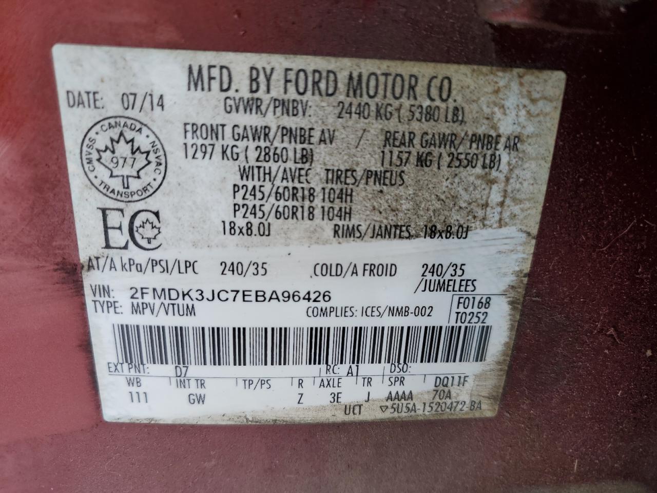 2014 Ford Edge Sel VIN: 2FMDK3JC7EBA96426 Lot: 92099575