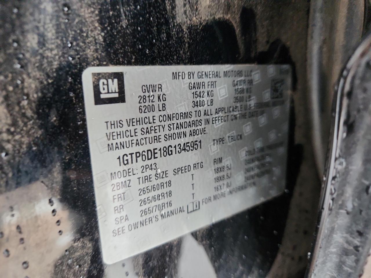 2016 GMC Canyon Slt VIN: 1GTP6DE18G1345951 Lot: 93153475