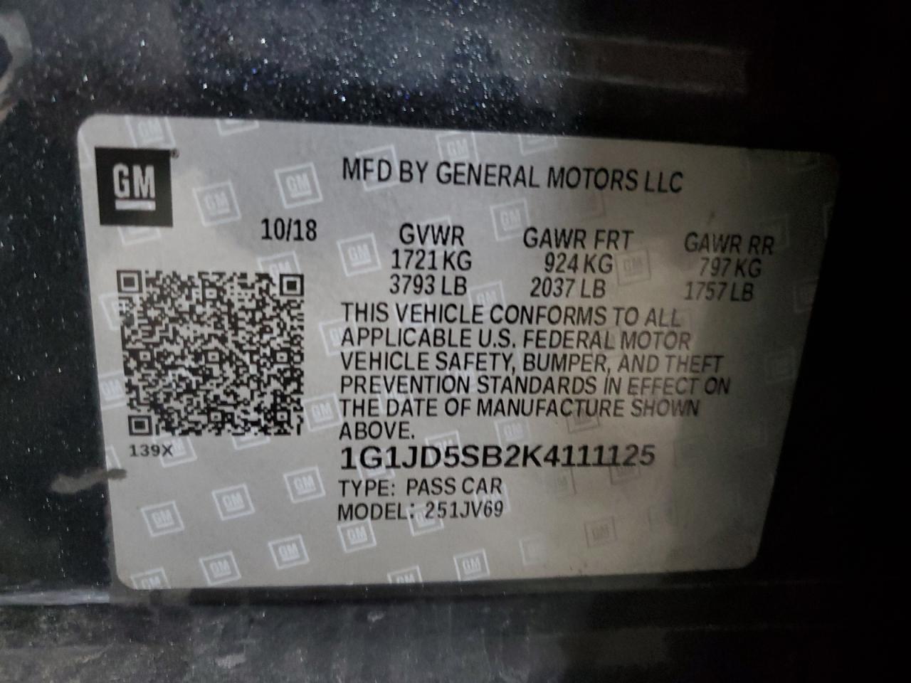 2019 Chevrolet Sonic Lt VIN: 1G1JD5SB2K4111125 Lot: 93503805