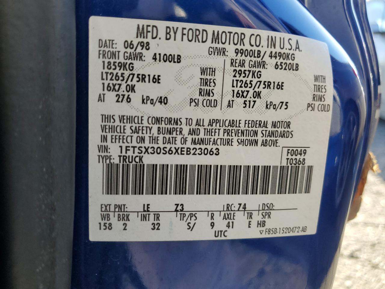 1999 Ford F350 Srw Super Duty VIN: 1FTSX30S6XEB23063 Lot: 92752845