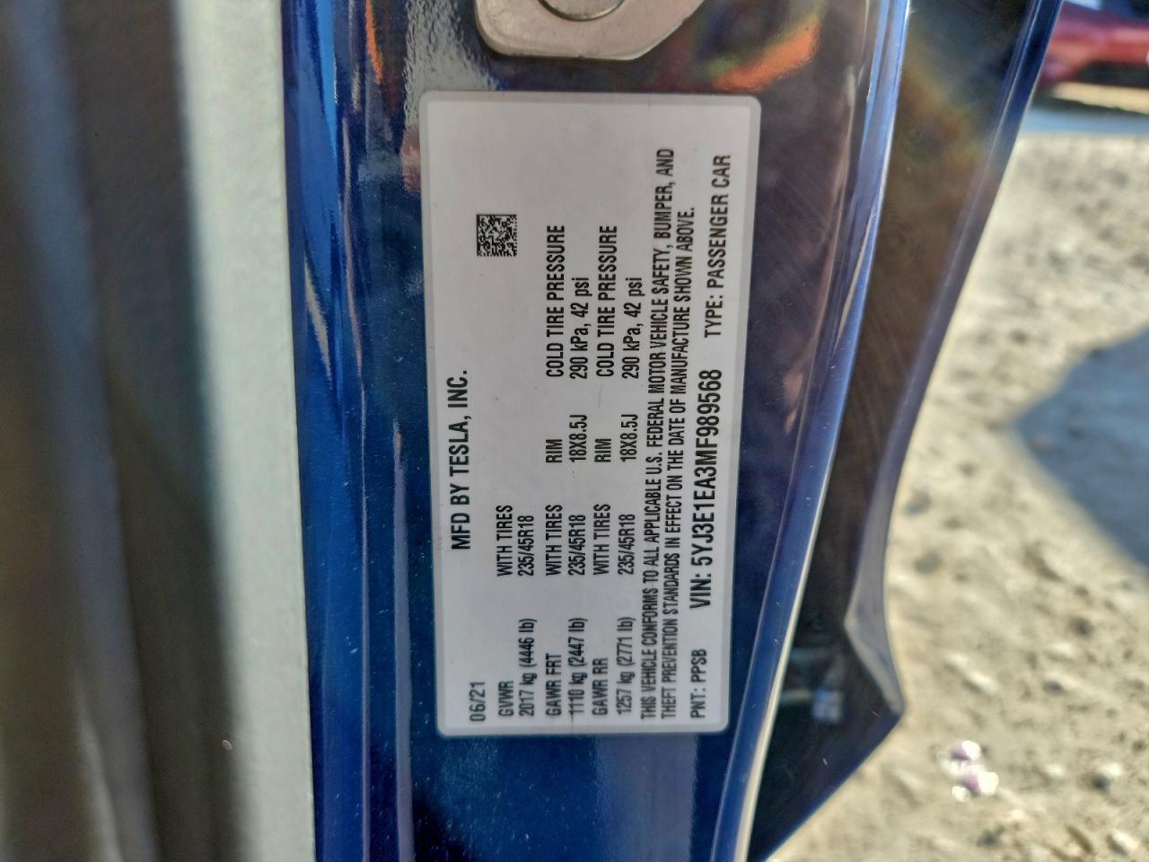 2021 Tesla Model 3 VIN: 5YJ3E1EA3MF989568 Lot: 93694445