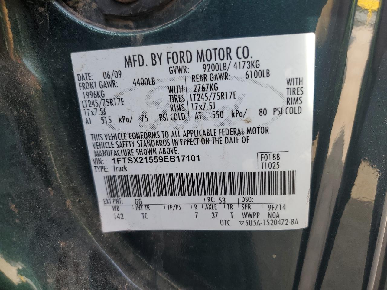 2009 Ford F250 Super Duty VIN: 1FTSX21559EB17101 Lot: 90628155