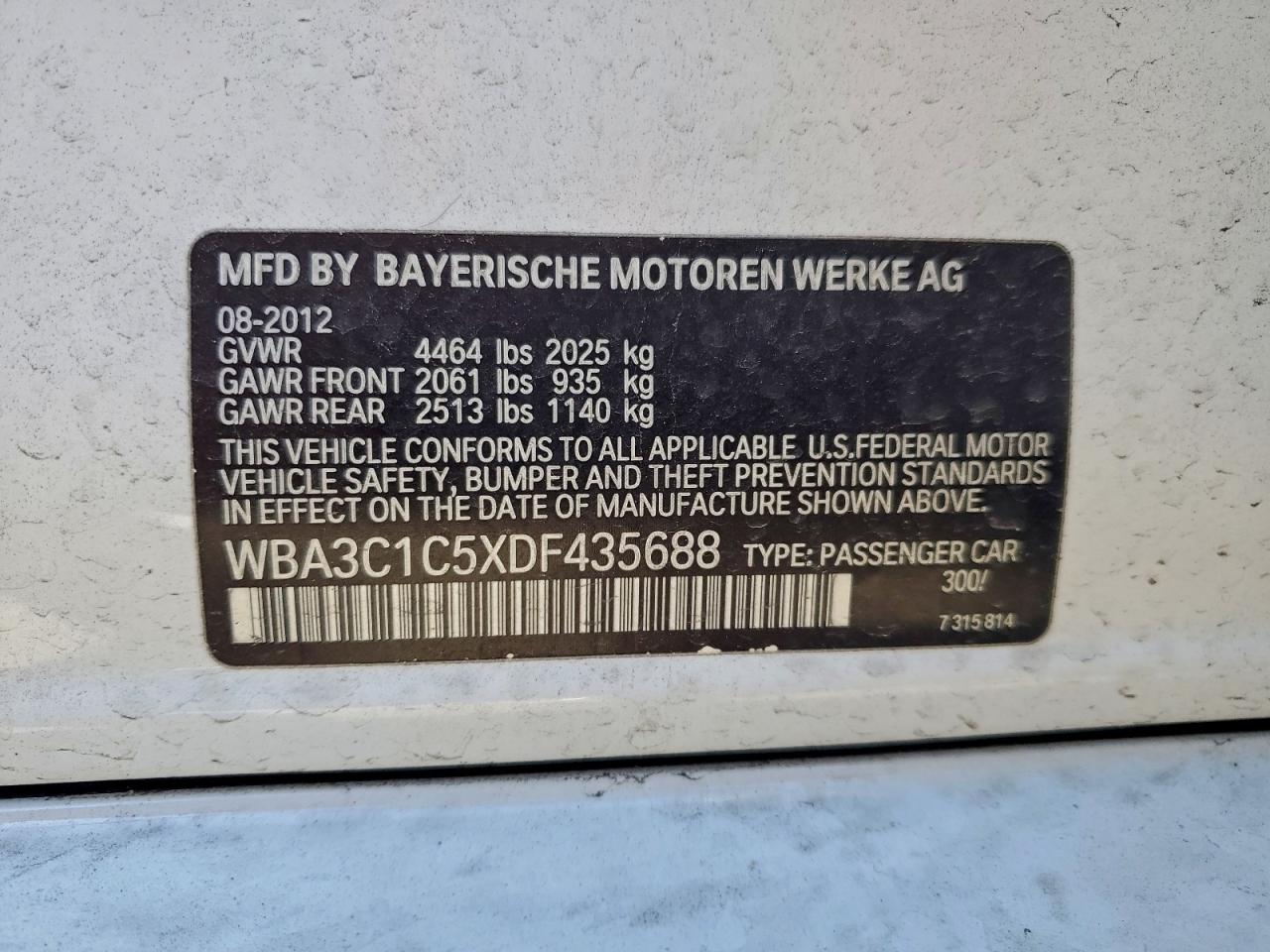 2013 BMW 328 I Sulev VIN: WBA3C1C5XDF435688 Lot: 94723865