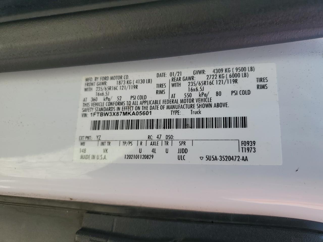 2021 Ford Transit 350 Delivery Van VIN: 1FTBW3X87MKA05601 Lot: 90635775