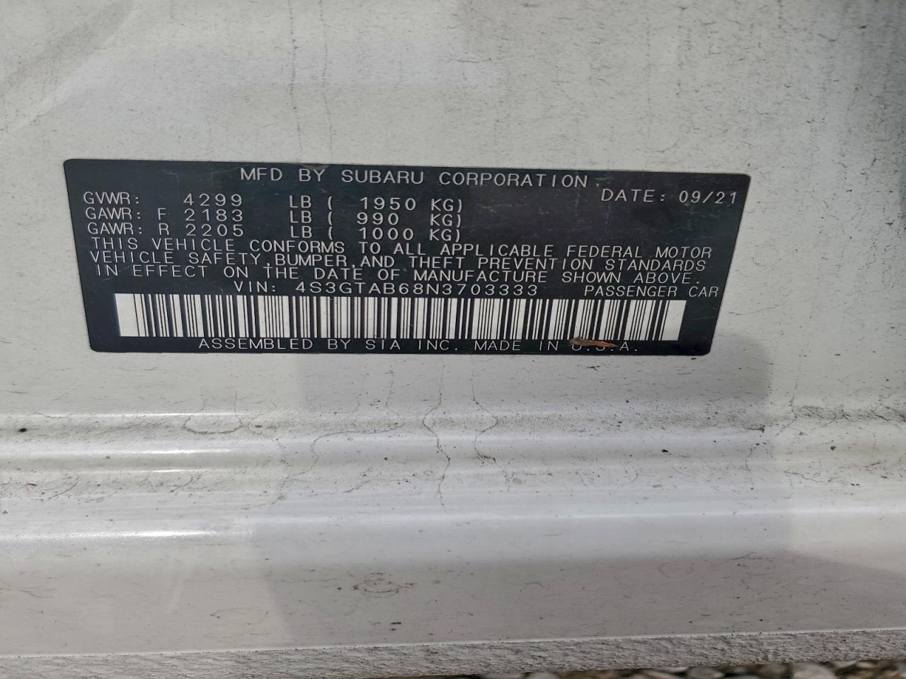 2022 Subaru Impreza VIN: 4S3GTAB68N3703333 Lot: 93929925