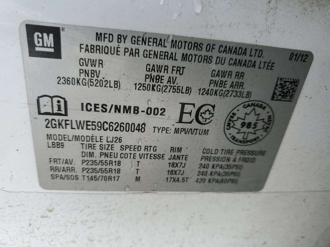 2012 GMC Terrain Slt VIN: 2GKFLWE59C6260048 Lot: 92542665