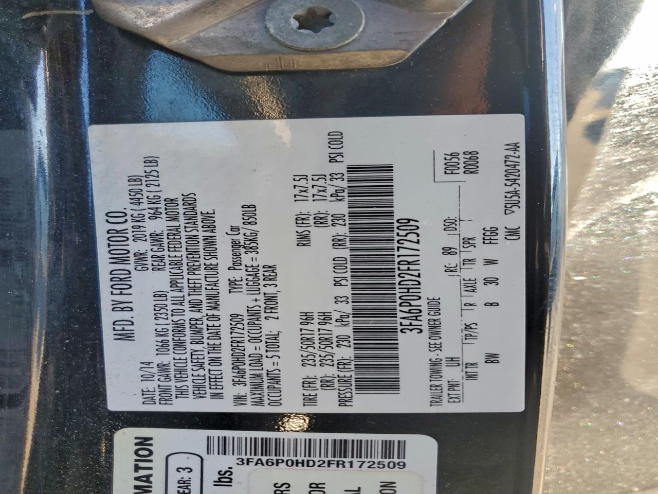 2015 Ford Fusion Se VIN: 3FA6P0HD2FR172509 Lot: 94295845