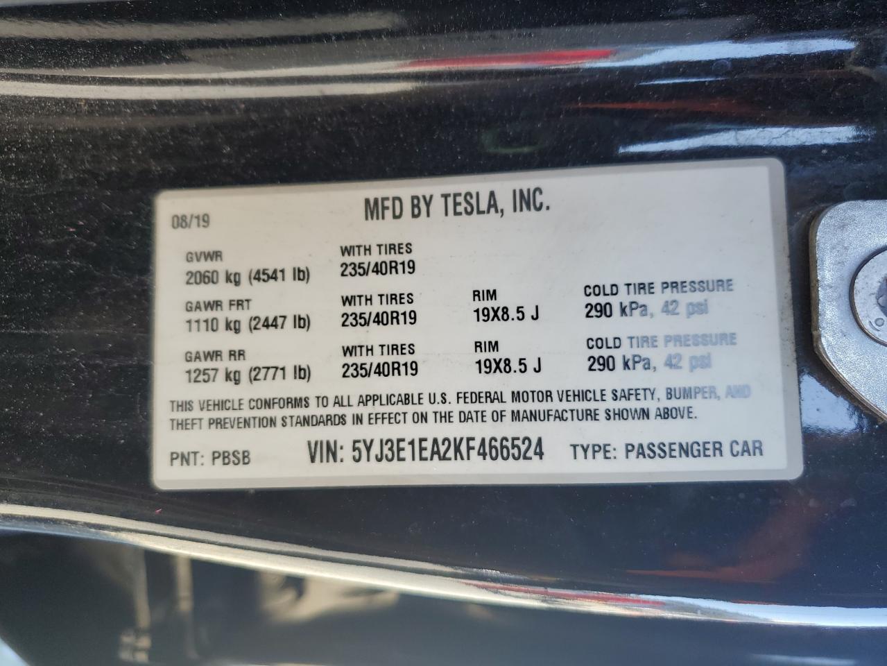2019 Tesla Model 3 VIN: 5YJ3E1EA2KF466524 Lot: 90981085