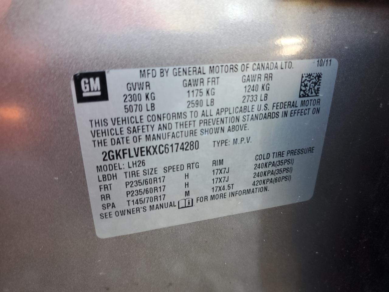 2012 GMC Terrain Slt VIN: 2GKFLVEKXC6174280 Lot: 90012665