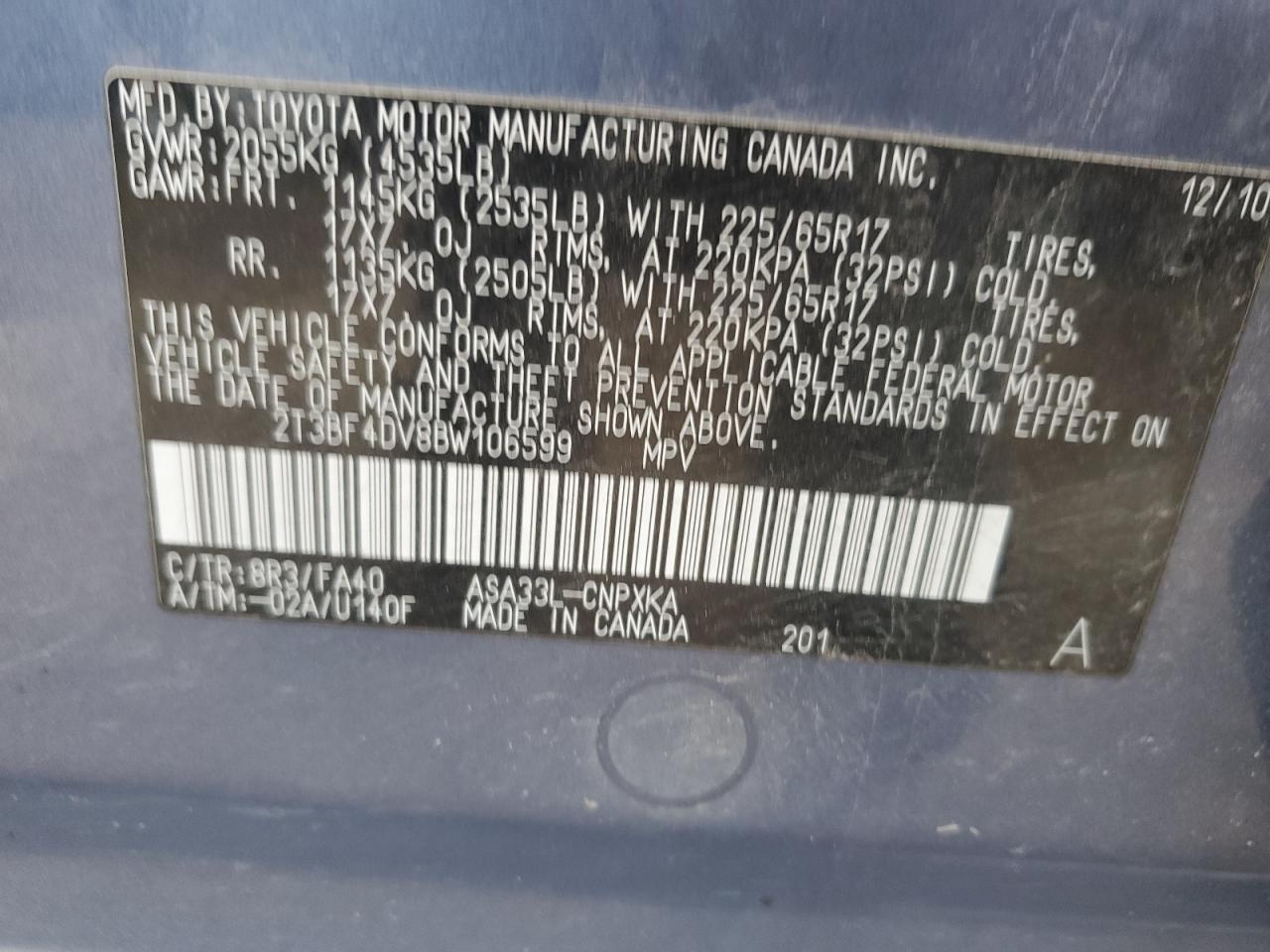 2011 Toyota Rav4 VIN: 2T3BF4DV8BW106599 Lot: 92528935