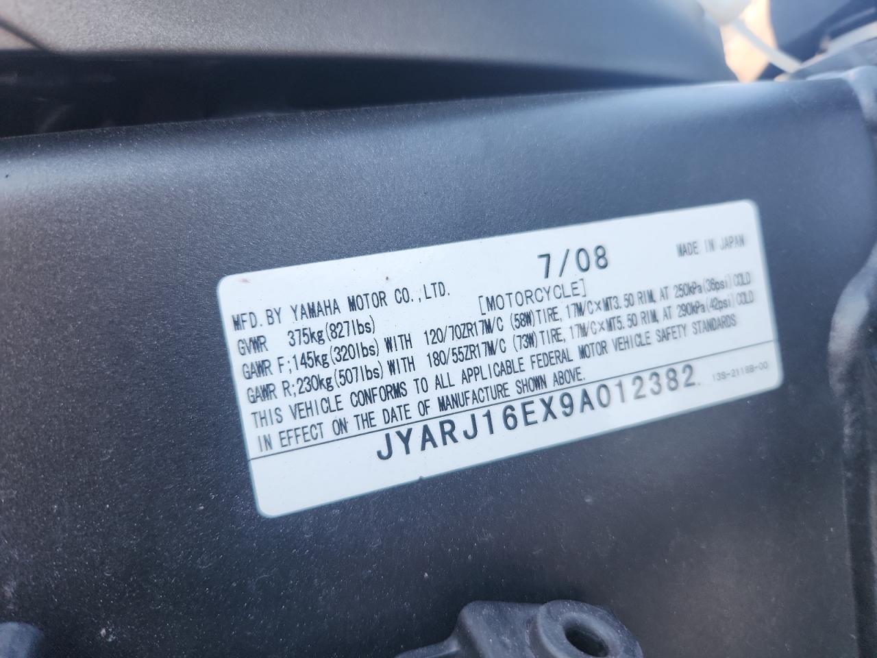 2009 Yamaha Yzfr6 VIN: JYARJ16EX9A012382 Lot: 91030815