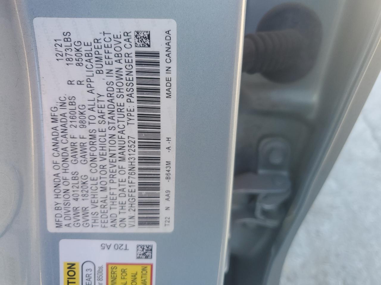 2022 Honda Civic Ex VIN: 2HGFE1F76NH312527 Lot: 92525815