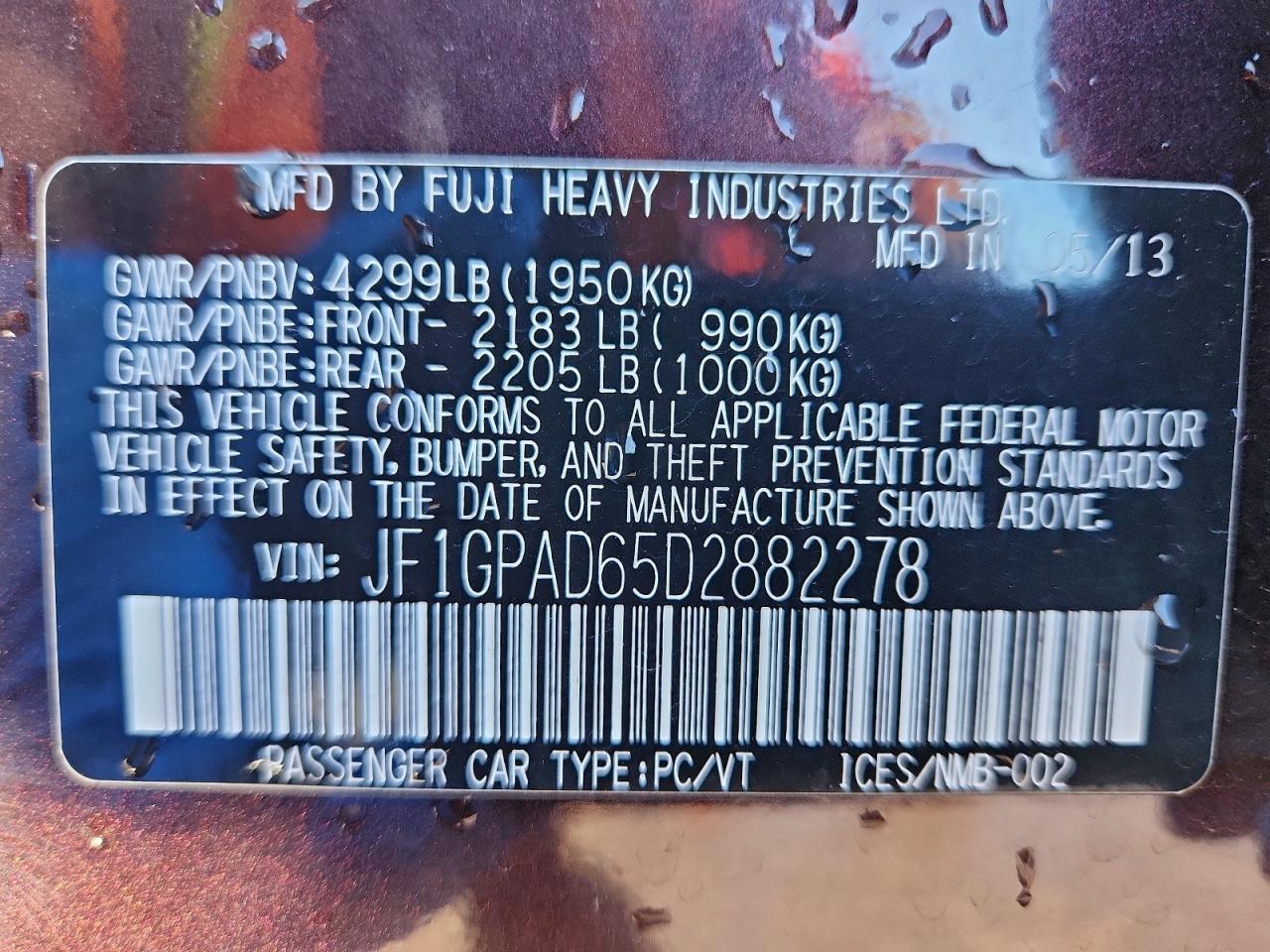 2013 Subaru Impreza Premium VIN: JF1GPAD65D2882278 Lot: 94073135