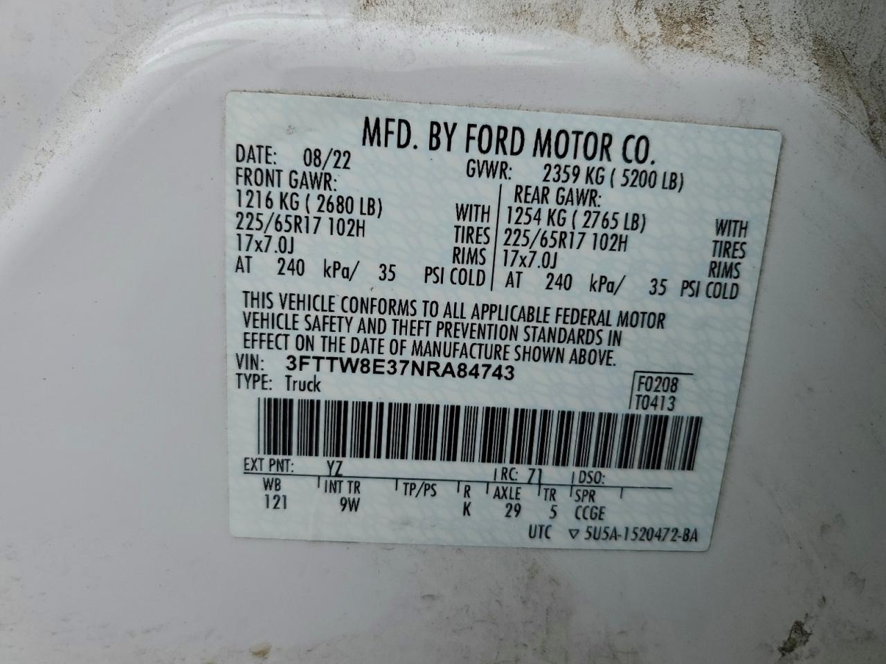 2022 Ford Maverick Xl VIN: 3FTTW8E37NRA84743 Lot: 93375815