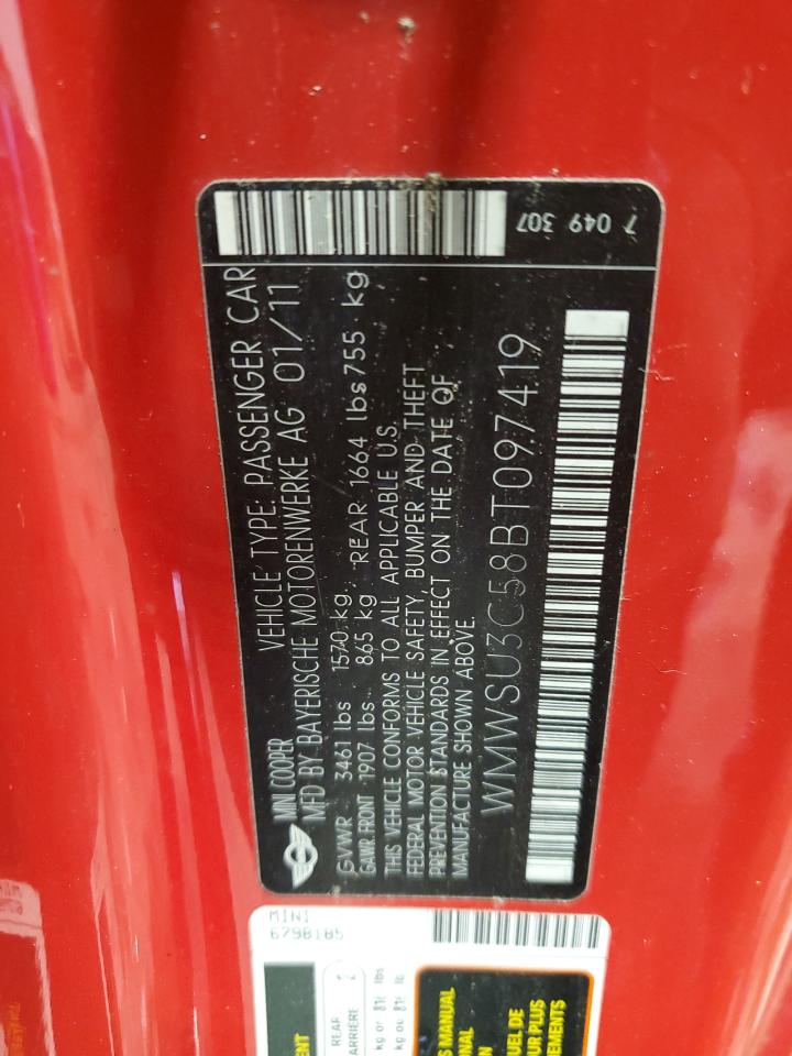 2011 Mini Cooper VIN: WMWSU3C58BT097419 Lot: 92074805