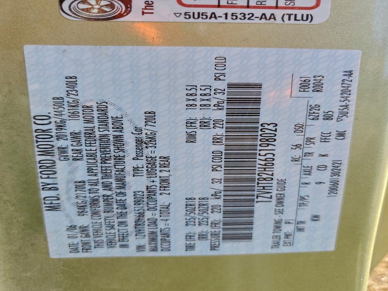 2006 Ford Mustang Gt VIN: 1ZVHT82H665198023 Lot: 93836625