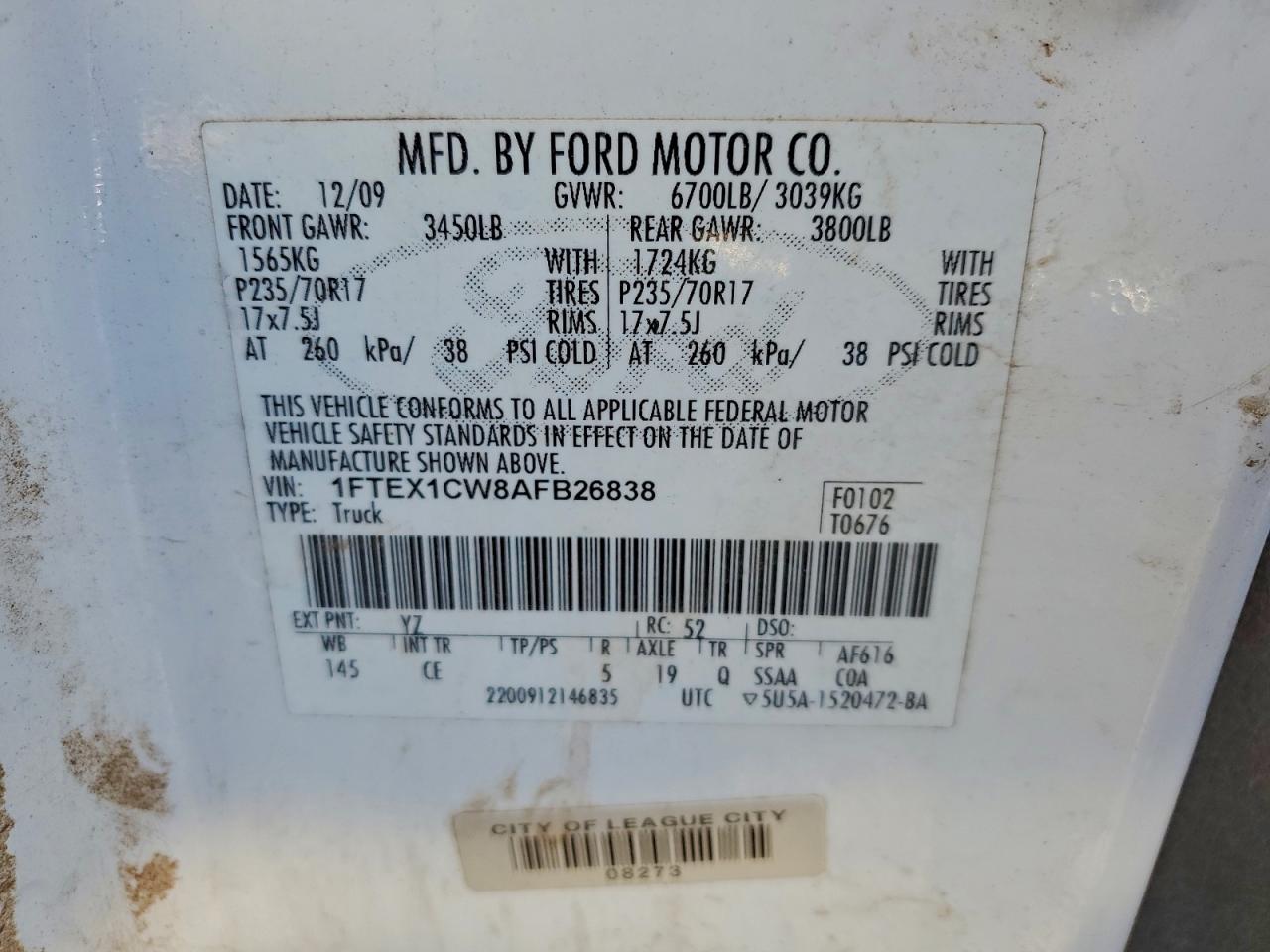 2010 Ford F150 Super Cab VIN: 1FTEX1CW8AFB26838 Lot: 94496595