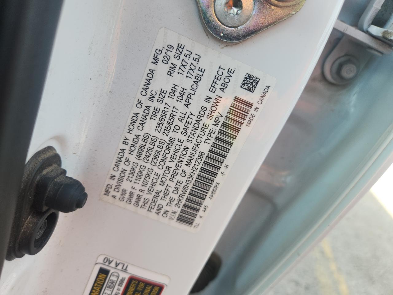 2019 Honda Cr-V Lx VIN: 2HKRW6H33KH212386 Lot: 90748305