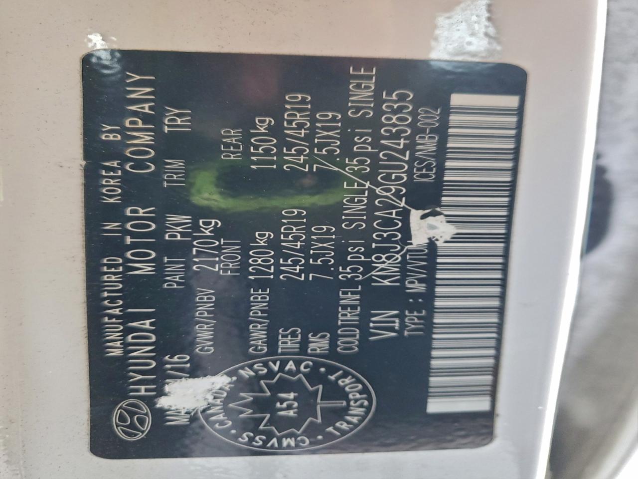 2016 Hyundai Tucson Limited VIN: KM8J3CA29GU243835 Lot: 92676635