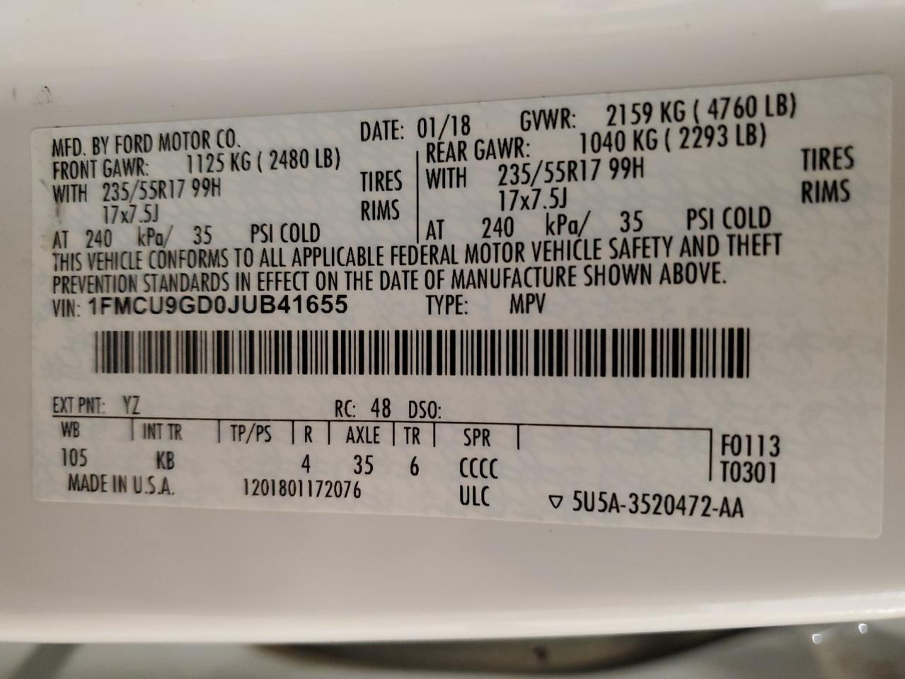 2018 Ford Escape Se VIN: 1FMCU9GD0JUB41655 Lot: 92431225