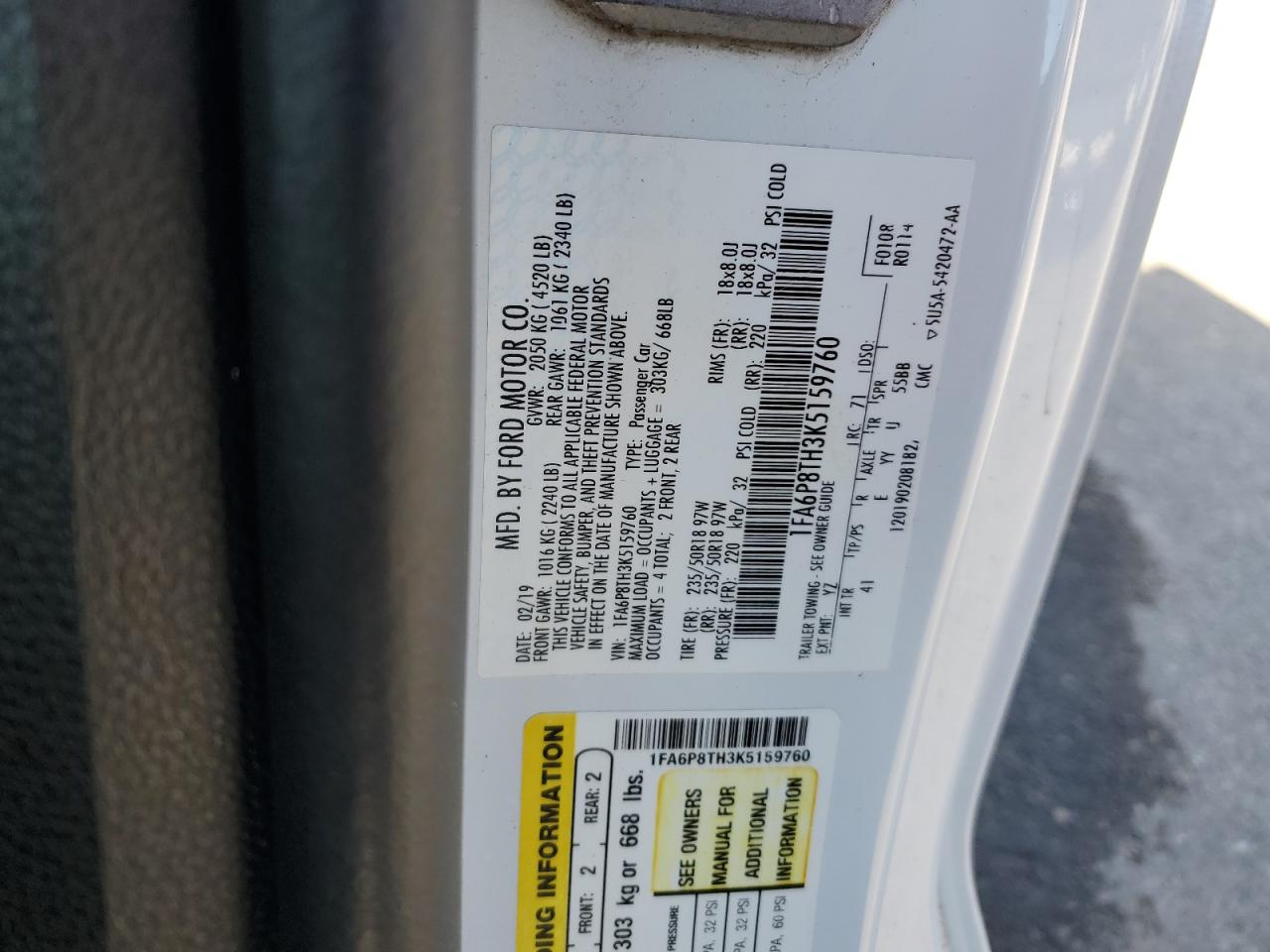 2019 Ford Mustang VIN: 1FA6P8TH3K5159760 Lot: 93044695