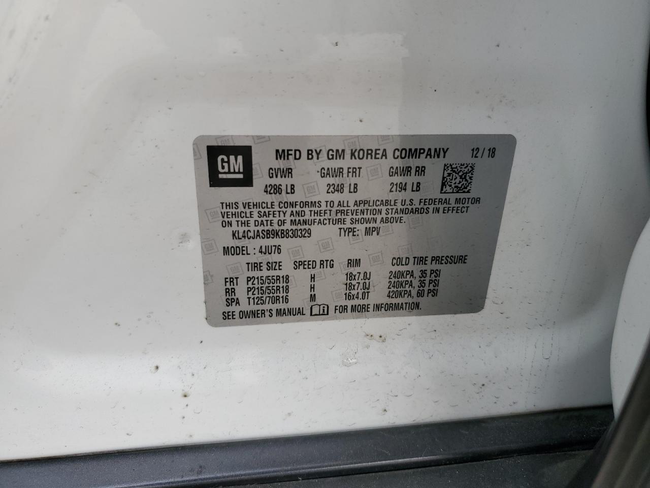 2019 Buick Encore Preferred VIN: KL4CJASB9KB830329 Lot: 93903395