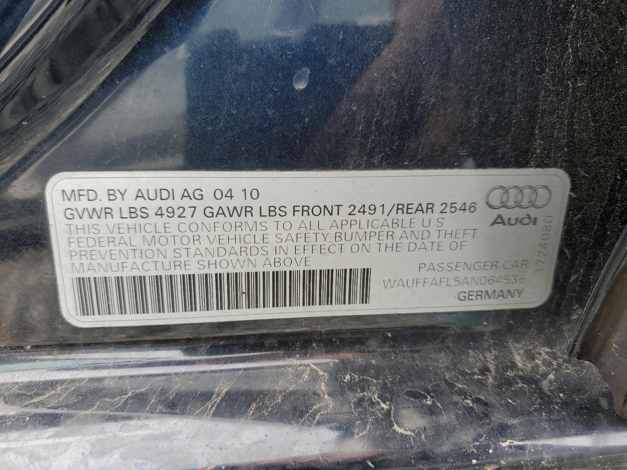 2010 Audi A4 Premium Plus VIN: WAUFFAFL5AN064536 Lot: 93171435