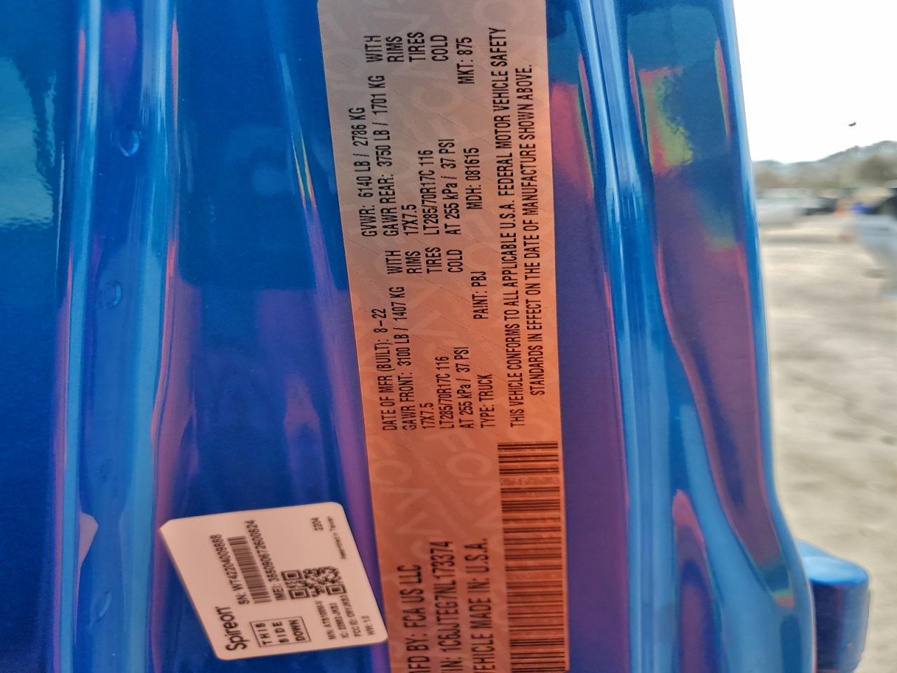 2022 Jeep Gladiator Mojave VIN: 1C6JJTEG7NL173374 Lot: 94021615