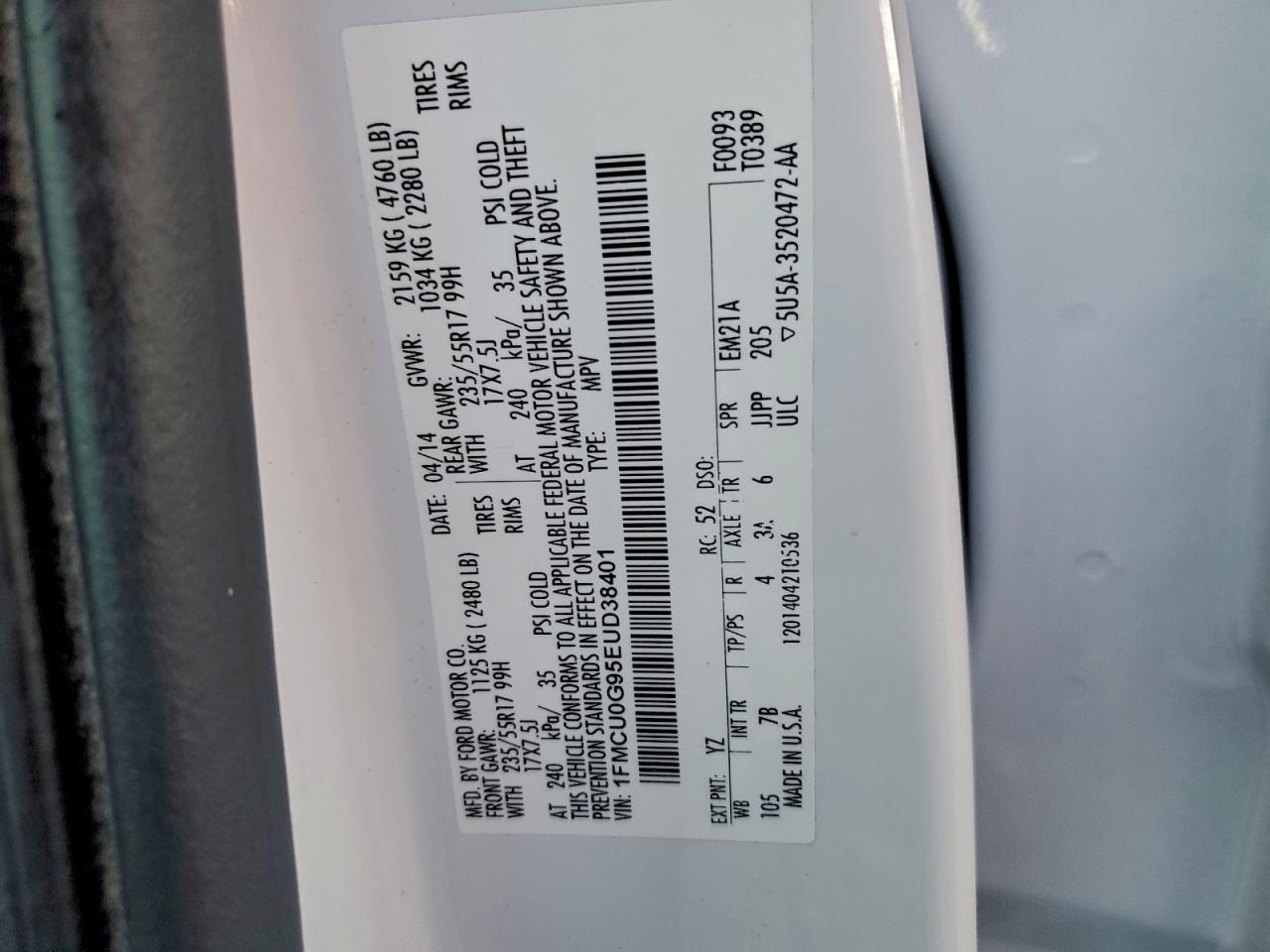 2014 Ford Escape Se VIN: 1FMCU0G95EUD38401 Lot: 93688345