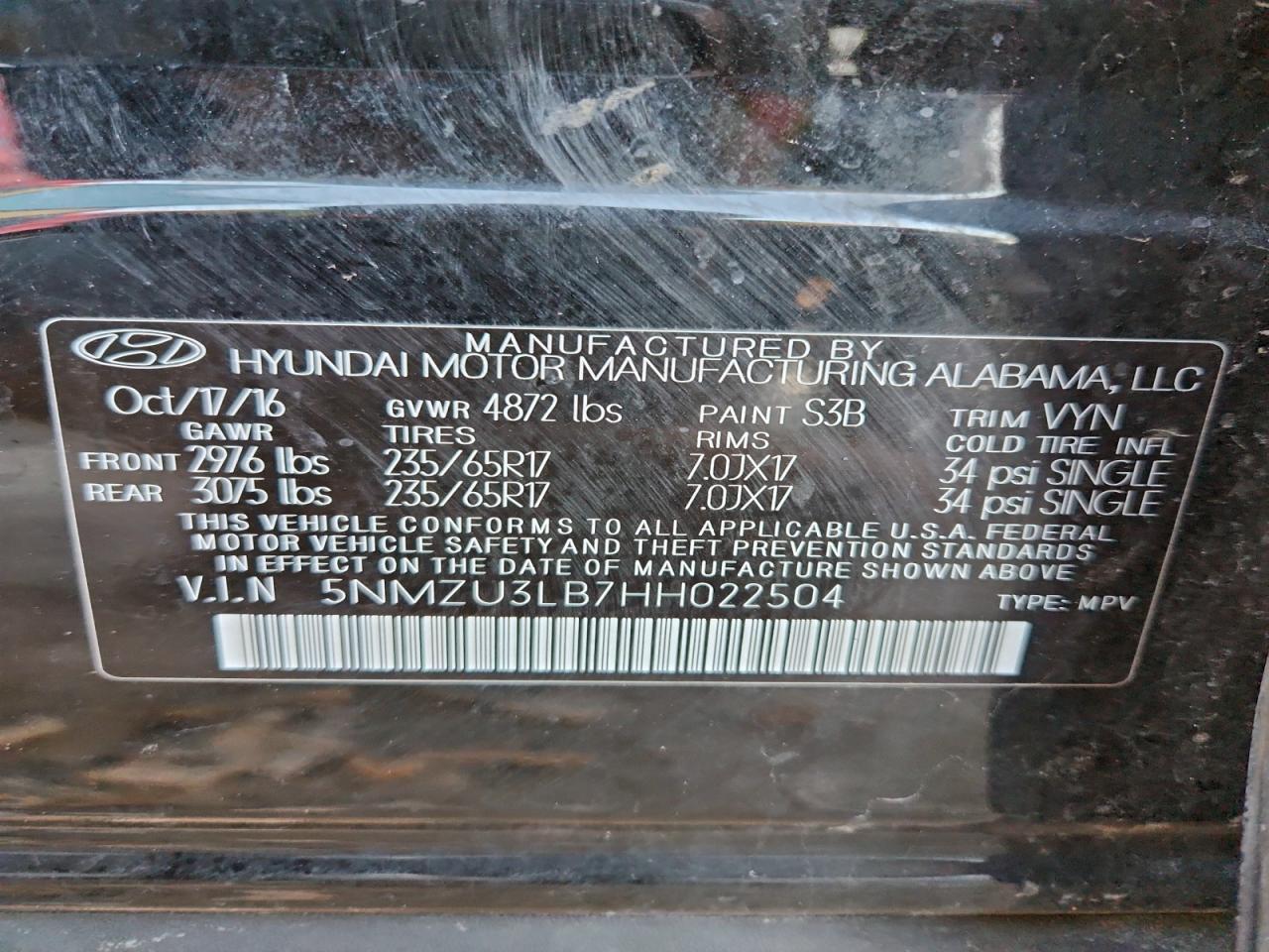 2017 Hyundai Santa Fe Sport VIN: 5NMZU3LB7HH022504 Lot: 94941385