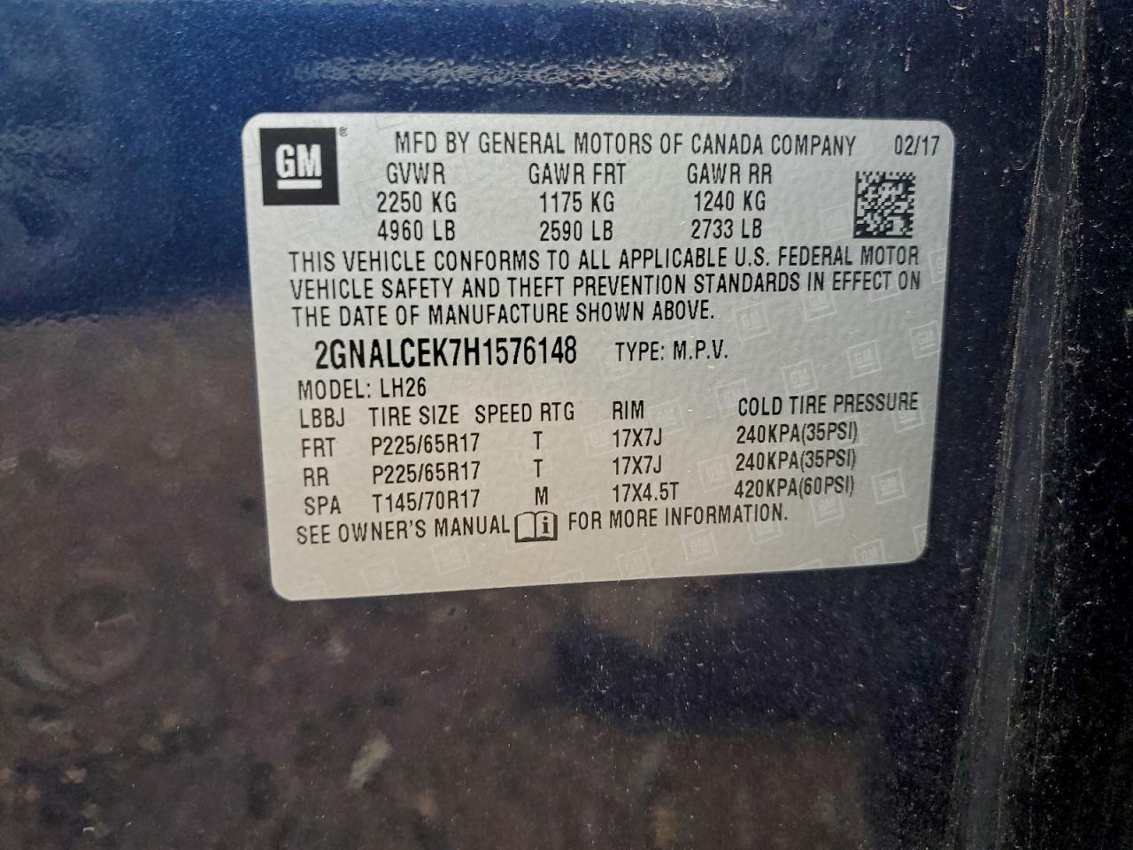 2017 Chevrolet Equinox Lt VIN: 2GNALCEK7H1576148 Lot: 94316705